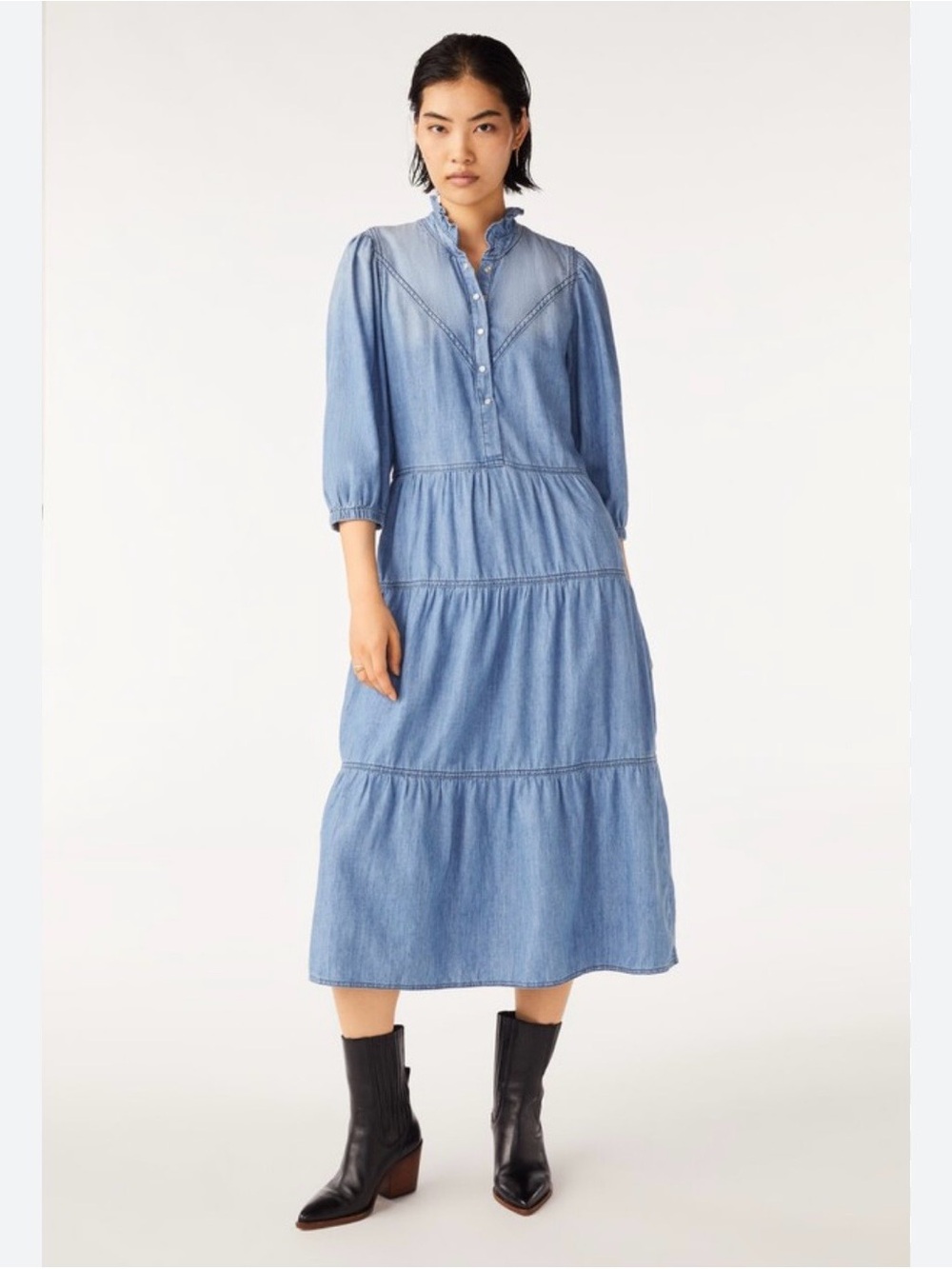 Bash Willow Ruffle Blue Denim Tiered Midi Dress